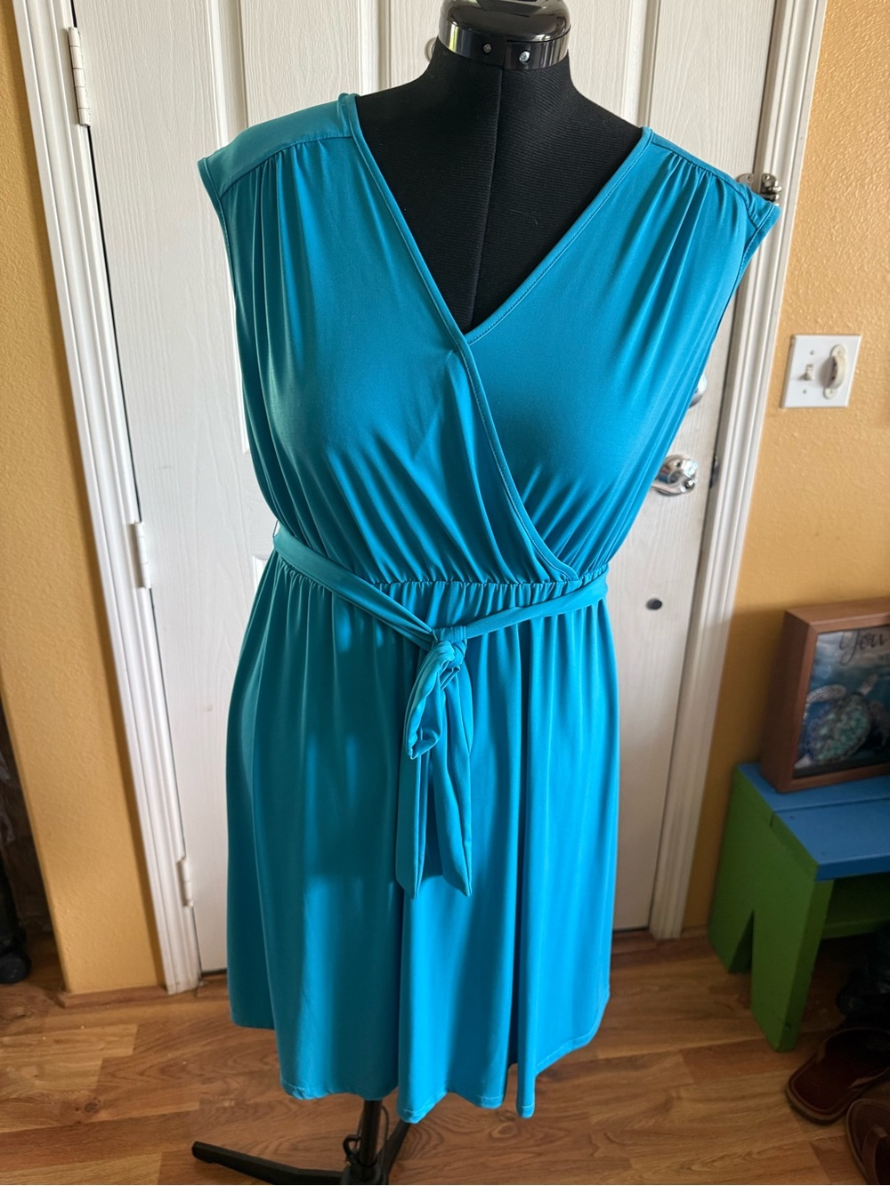 NY Collection Teal V-Neck Wrap Dress with Waist Tie